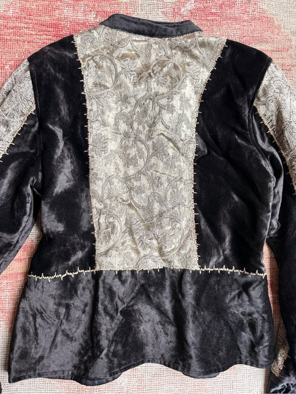 Vintage 90s Patchwork brocade whimsigoth Black and Gray Velvet-Trim Blazer - Picture 2 of 4